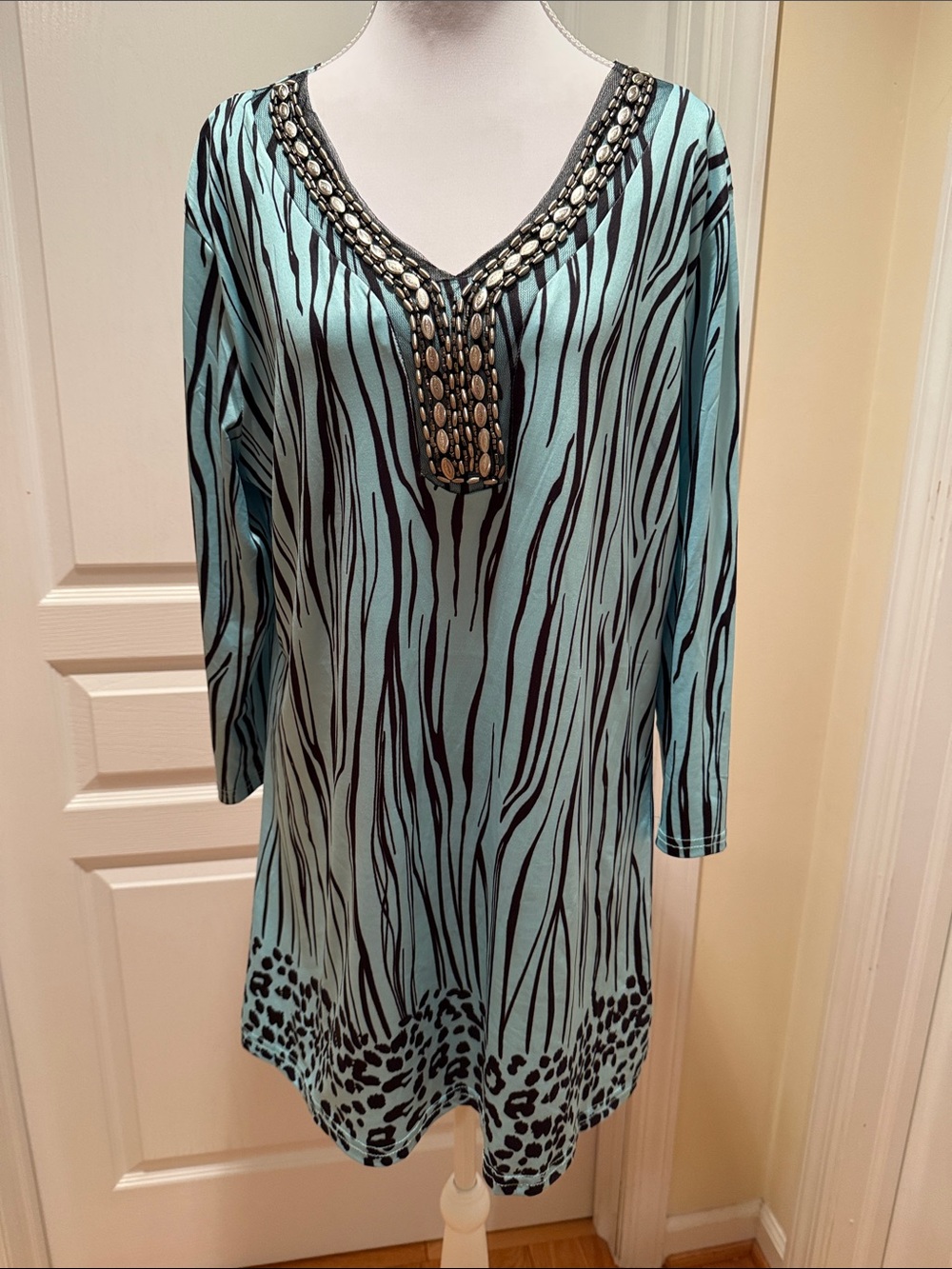 Talk of the Walk Mint and Black Beaded V-Neck Animal Print Tunic
